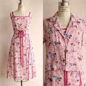 Vintage 1970s 1980s Dress With Jacket and Belt, Pink Floral Print Cotton Sundres